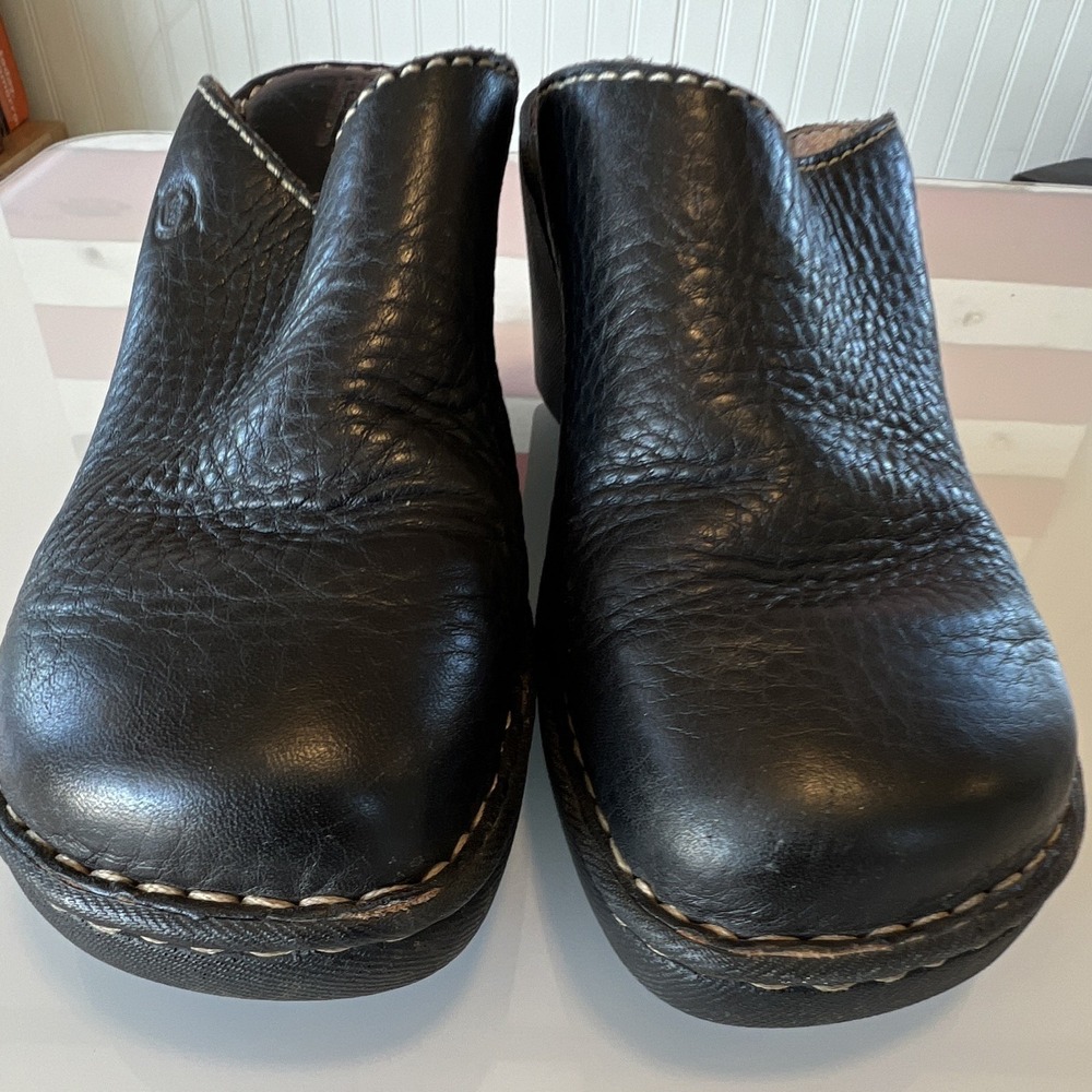 Børn Women's Black Leather Slip-On Clog Mules Wedge EU 38 US 7 B8307
